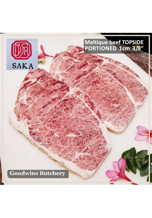 Beef TOPSIDE Australia MELTIQUE SAKA meltik (wagyu alike) daging rendang dendeng frozen PORTIONED 1.25cm 1/2" (price/pc 500g)